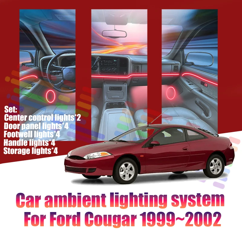 Luces LED Ambientales para Ford Cougar 1999~2002, Luces de Atmósfera Coloridas, Tira de Neón Interior para Auto, Iluminación RGB de 64 Colores, Accesorios para Auto