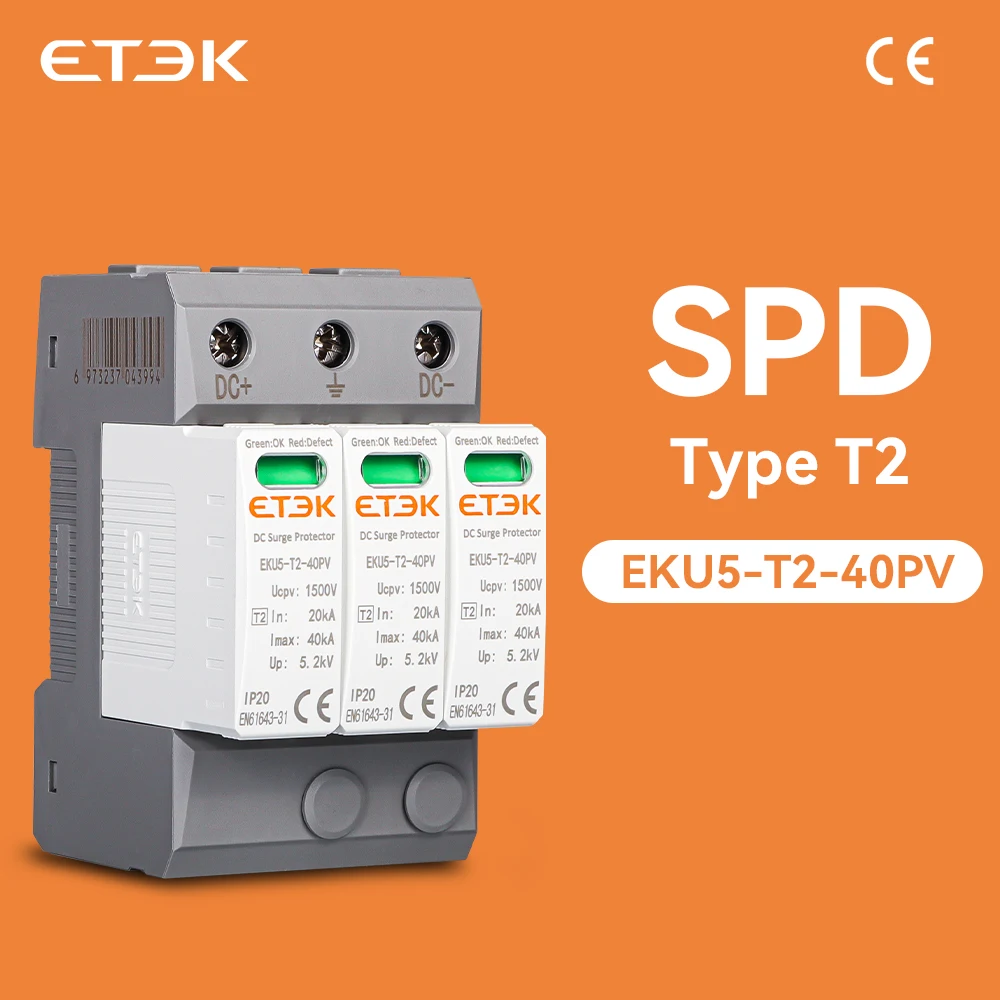 

ETEK DC SPD House Surge Protective Device 2P 3P 600V 1000V 1500V Type PV 20-40KA Protector Arrester Low-voltage Protection EKU5