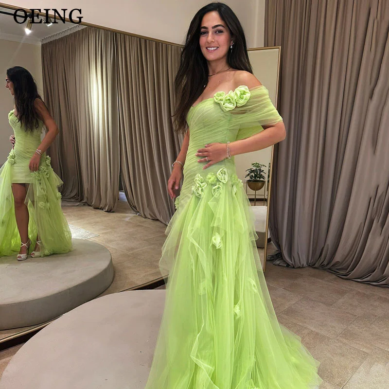 

OEING Mermaid Green Prom Dresses Elegant One Shoulder Party Gowns Pleats Backless Floor-Length Soft Tulle Dress Customized