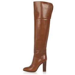 Brown Leather Chunky Heel Women Long Boots Brand Design Large Size Over the Knee Boots Celebrity Banquet Shoes Dropship