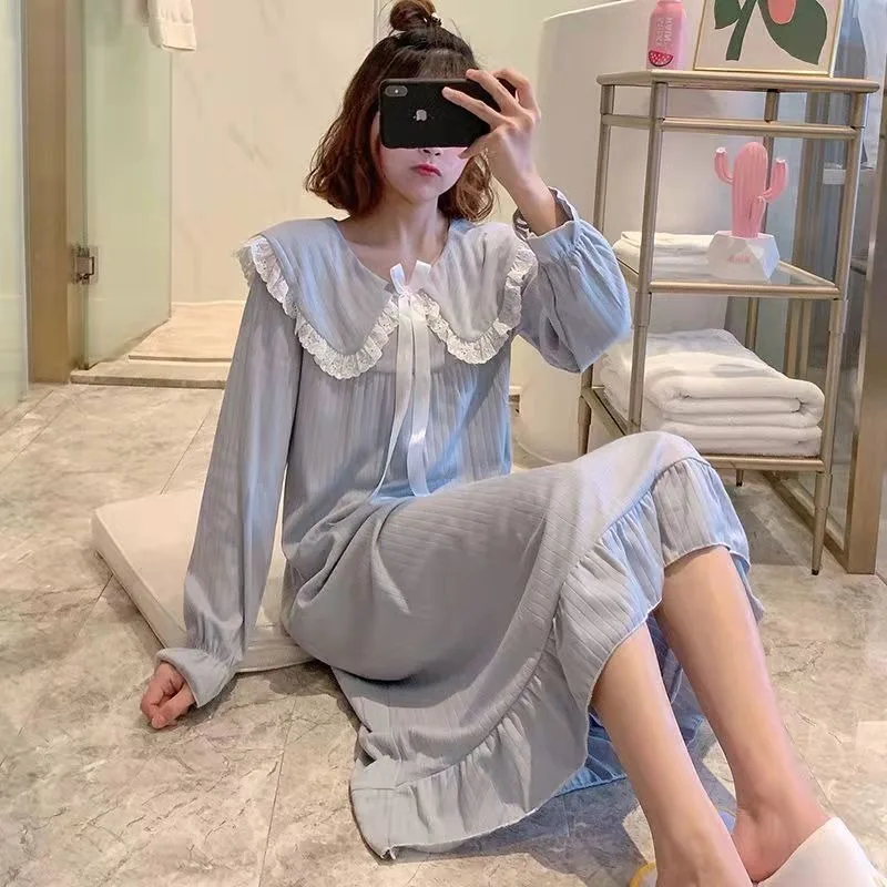 Lace Women Nightgown Korean Sleepwear Peter Pan Collar Nightwear Solid One Piece Pajamas Ruffles Autumn Sleeping Night Dress New