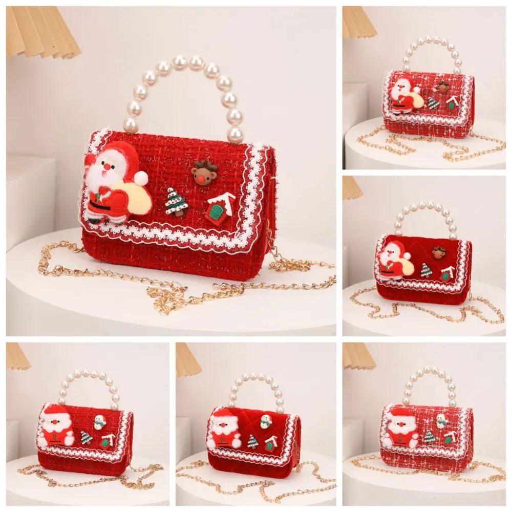 New Merry Christmas Children Crossbody Bags Pearl Handheld Santa Claus Pattern Change Purse Red Cute Handbag for Girls