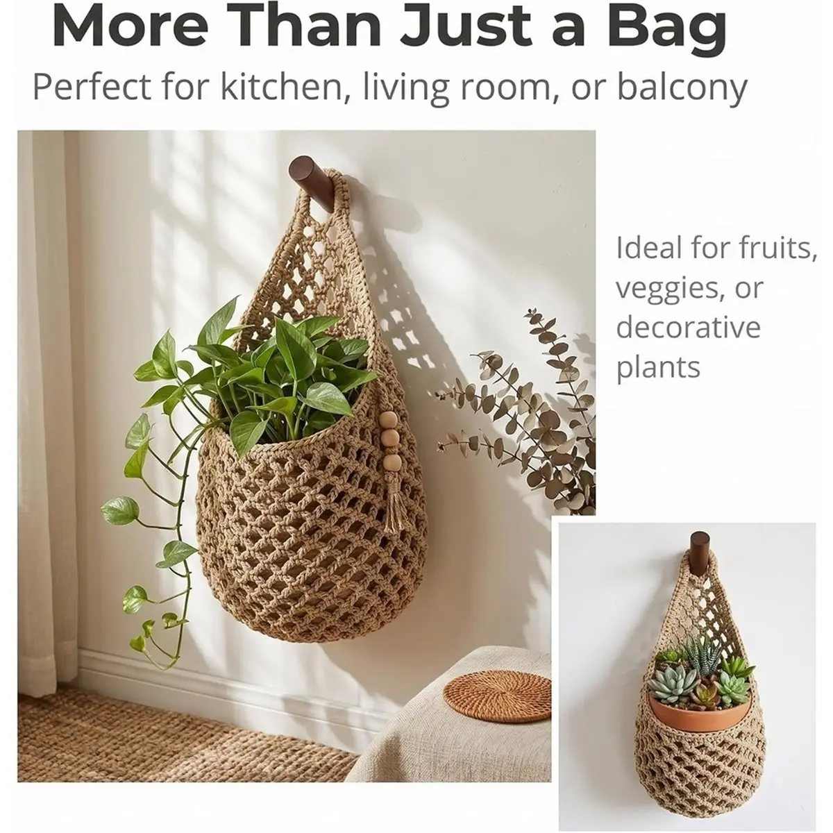 2026 New Tool Cotton Rope Hanging Storage Basket Fruit Vegetable Organiser,for Kitchen Fruit Vegetable Pantry Storage and Wall