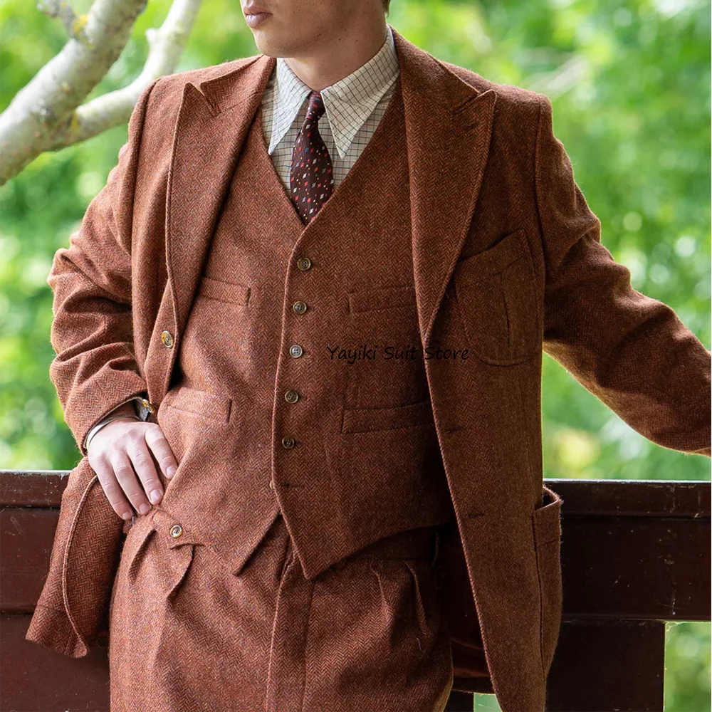 

Модные мужские костюмы из ткани «елочка», мужской костюм из трех предметов с остроконечными лацканами, повседневные мужские костюмы, однобортный комплект высокого качества