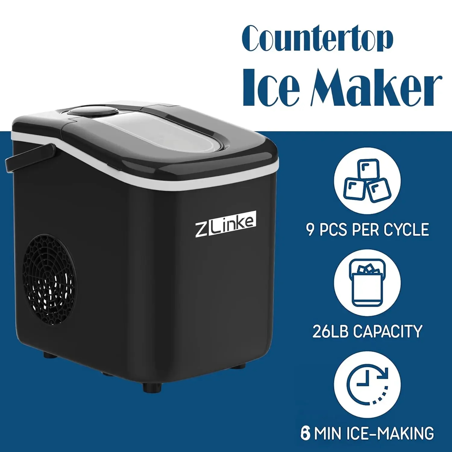 Ice Maker Machine 6 Mins Fast Ice, Countertop Ice Maker 26.5lbs/24Hrs Daily Production, Self-Cleaning Ice Maker Machine with Ice
