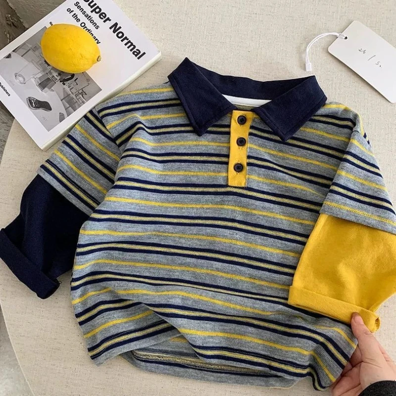 2026 Four Seasons New Hot Selling Design Sense POLO Collar Fake Two piece Two tone Sleeve T-shirt