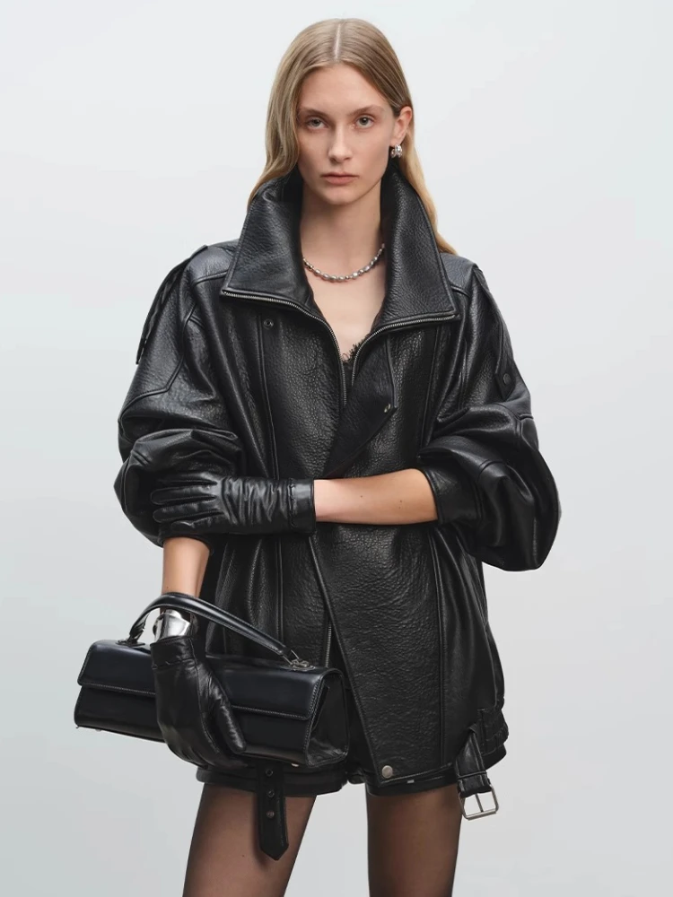 Oversize Genuine Leather Motorcycle Jacket for Women High-end Simple Double-layer Stand Collar Design Bubble Real Sheepskin Coat