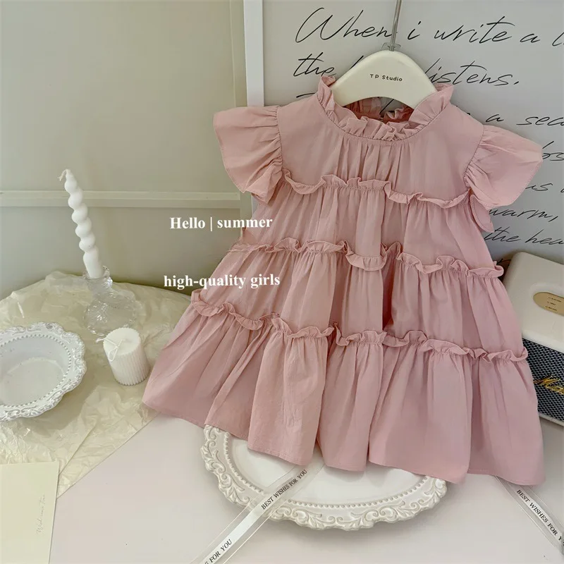 

Girl Dress 2024 Summer New Baby Girl Sweet Flying Sleeve Pink Baby Girls Summer French Sweet Design Niche Baby Girl Skirts