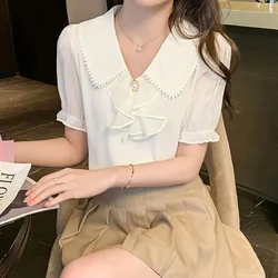 Summer New Short Sleeve White Chiffon Shirt Tops Solid Color Youth All-match Elegant Blouse Fashion Temperament Women Clothing