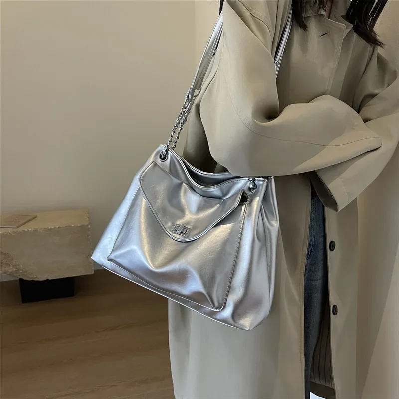 Pu Leather Female Handbags Shoulder Shopper Bag for Women 2024 Large Ladies Tote Bag Korean Fashion Luxury Designer Big Silver