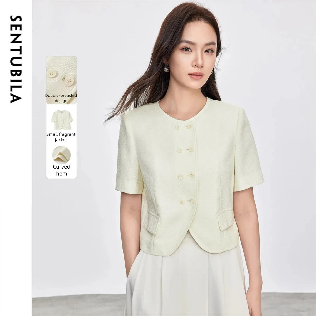 

SENTUBILA офисные женские куртки, весна-лето 2024, прямая двубортная элегантная верхняя одежда с круглым вырезом и короткими рукавами, 152W59195