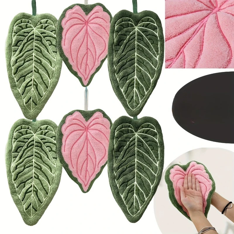3pcs Coral Fleece Leaf-shaped Hand Towel Cute Absorbent Hanging Cleaning Cloth Towel Lint-free Absorbent Kitchen Cleaning Rag