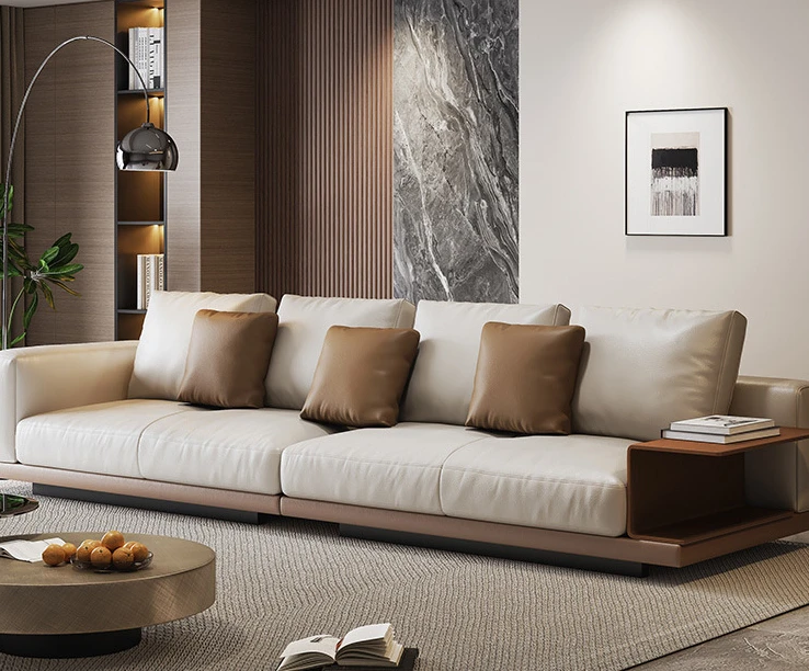 Minimalist large-sized villa high-end atmosphere straight row square combination leather sofa