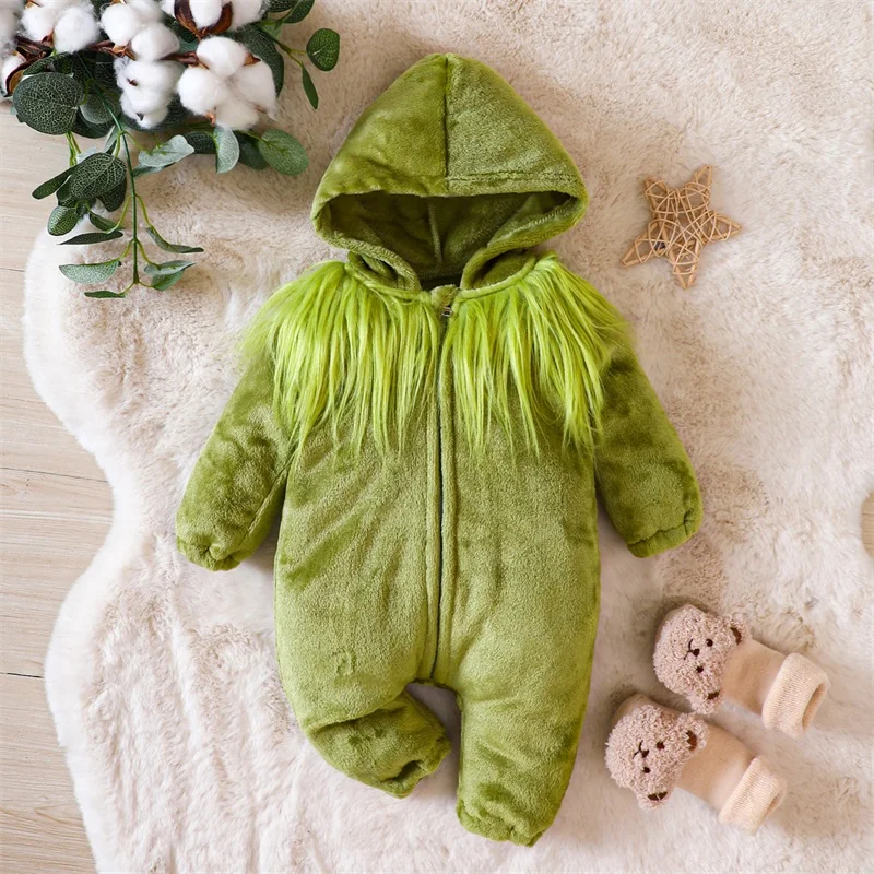 Infant Baby Girl Boy Christmas Outfits Long Sleeve Jumpsuit Grinch Bodysuit 1-piece Green Furry Bodysuit