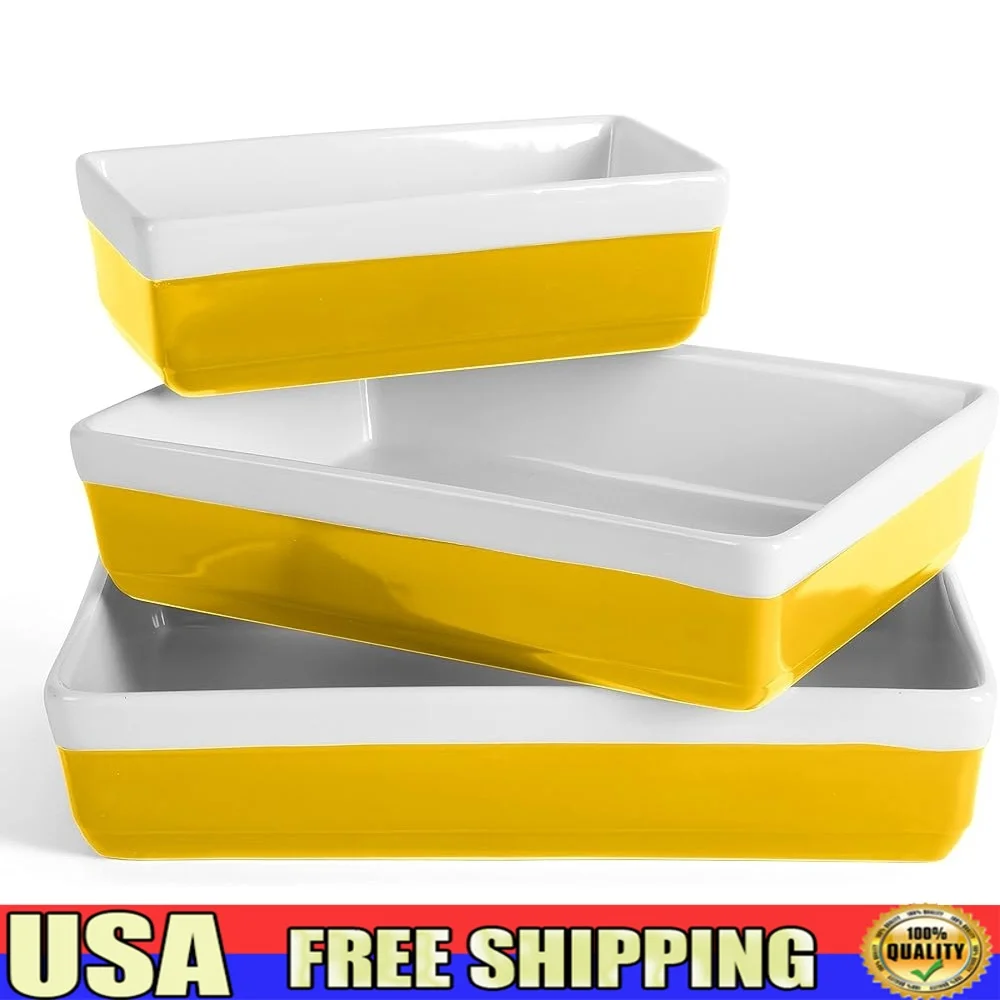 

3 Piece Stoneware Bakeware Set Oven to Table Casserole Dishes Non Hotspot Baking Easy Cleanup Stackable Design Dishwasher Safe