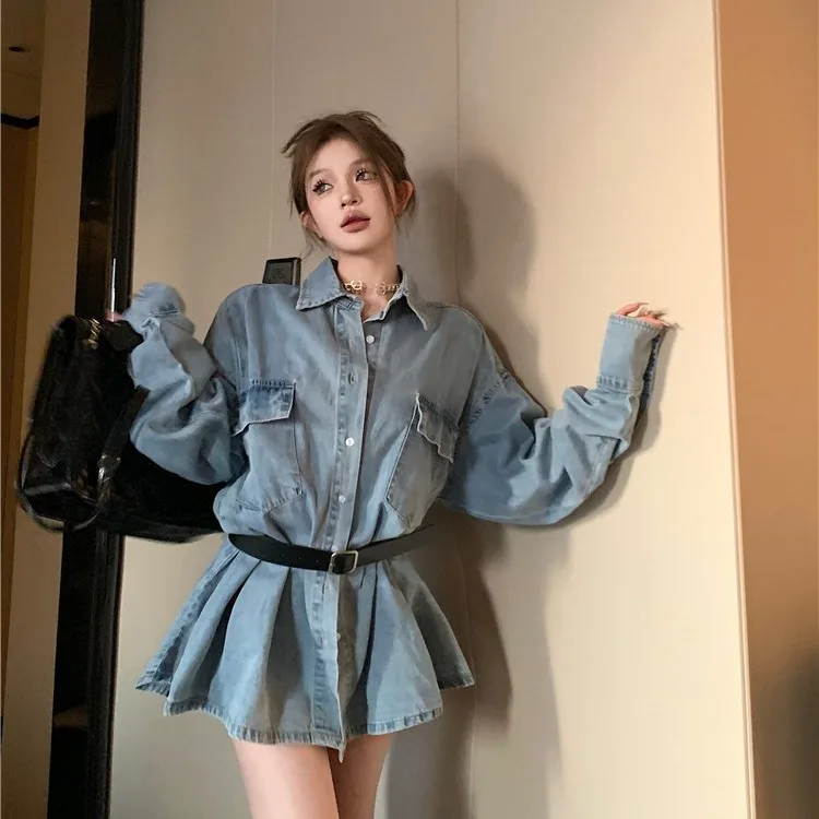 

Slimming Loose Fit Denim irt Dr Women's Casual Vintage Sle Turn-down Collar Young Women's ort Length Color