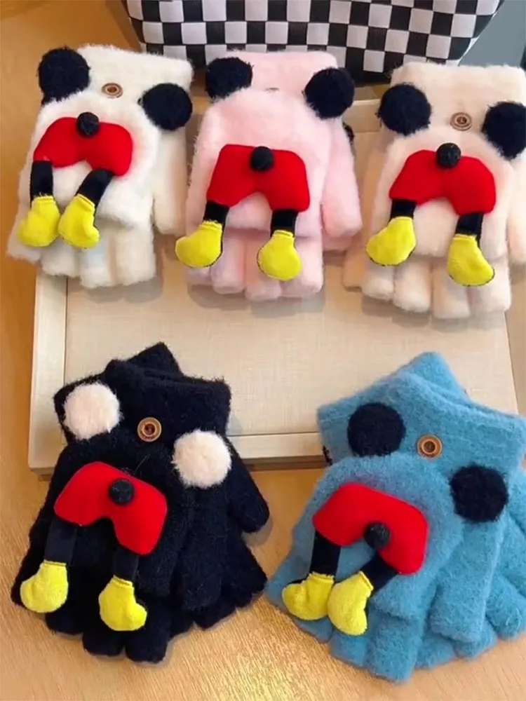 

Disney Mickey Mouse Plush Gloves Ins Winter Boy Girl Cycling Warmth Cute Half Finger Mittens Anti Cold Knitted Gloves Girls Gift