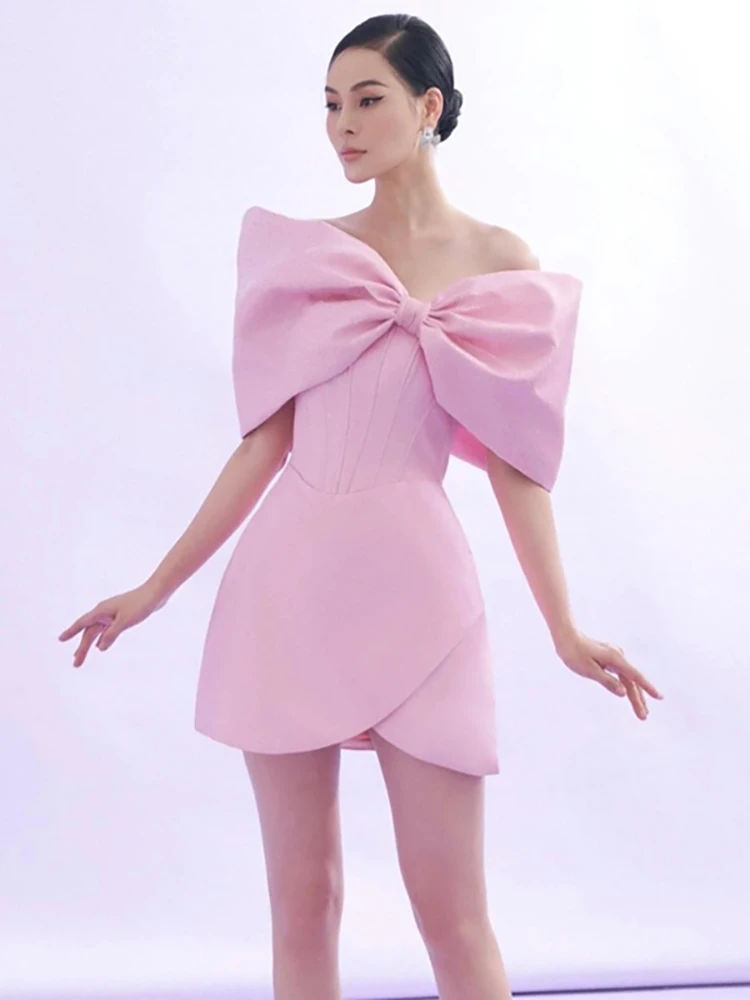 DEAT Elegant Dress Strapless Off Shoulder Asymmetric Big Bow Pink Women\'s Elegant Mini Dress 2024 Spring New Fashion 13DB3186