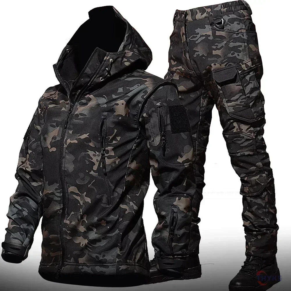 6XL TAD 전술 남자 사냥 하이킹 낚시 탐험 복장 위장 상어 피부 방수 후드 자켓 + 바지