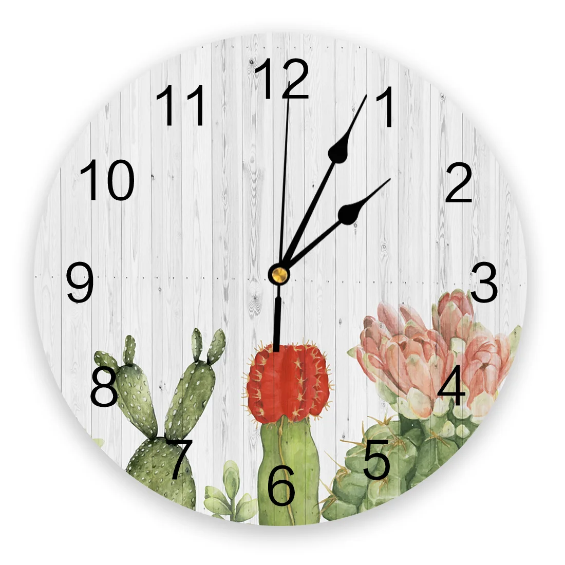 Cactus Tropical Plant Wood Plank Texture Wall Clocks Silent Home Cafe Office Wall Decor Clocks for Kitchen Large Wall Clocks