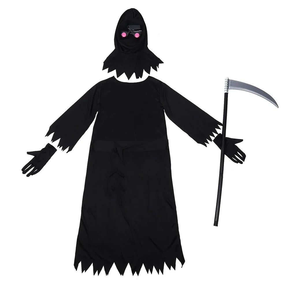 Sydney Kids Horror Death Dress Jumpsuit Red Luminous Glasses Sickle Black Robe Grim Reaper Cosplay Costume Halloween Costume