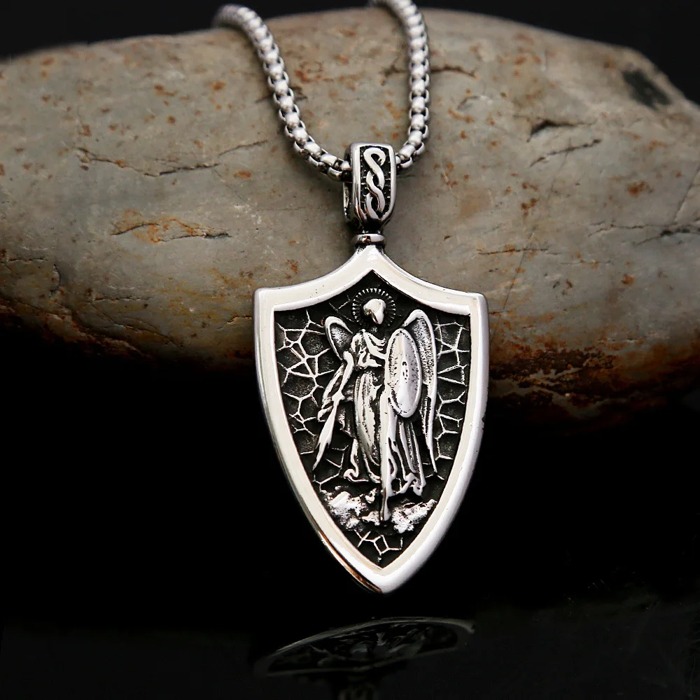 100pcs/lot New Product Personalized Retro Stainless Steel Archangel Necklace Jewelry for Men's Saint Michael Titanium Steel Pend