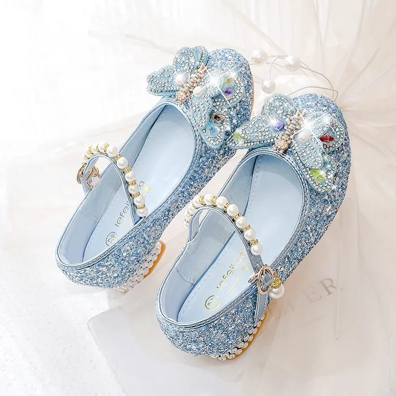 Scarpe da principessa per ragazze bambini Casual Glitter scarpe in pelle con tacco alto primavera autunno moda paillettes scarpe singole da sposa