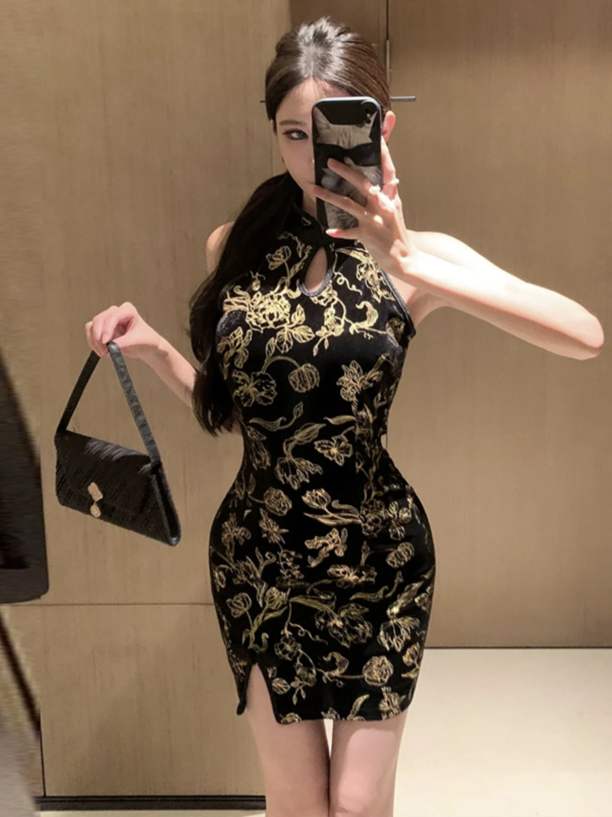 

Velvet Silk Screen Printing National Sle Dr High Slit Retro Sle for Young Women in Their 20s Summer Fas...