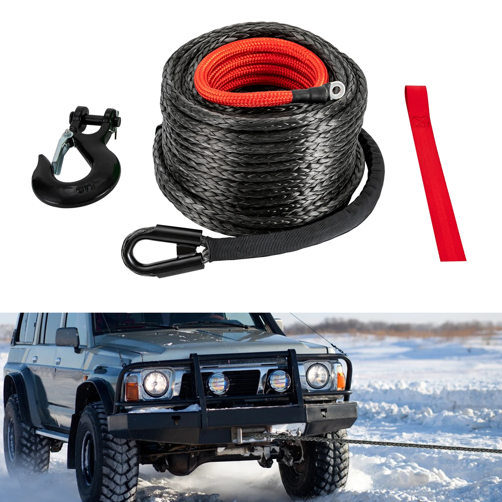 Winch Rope with Hook 3/8Inchx100Feet Black Winch Rope with Protective Sleeve Car Tow Recovery Cable for 4WD Off-Road Vehicle