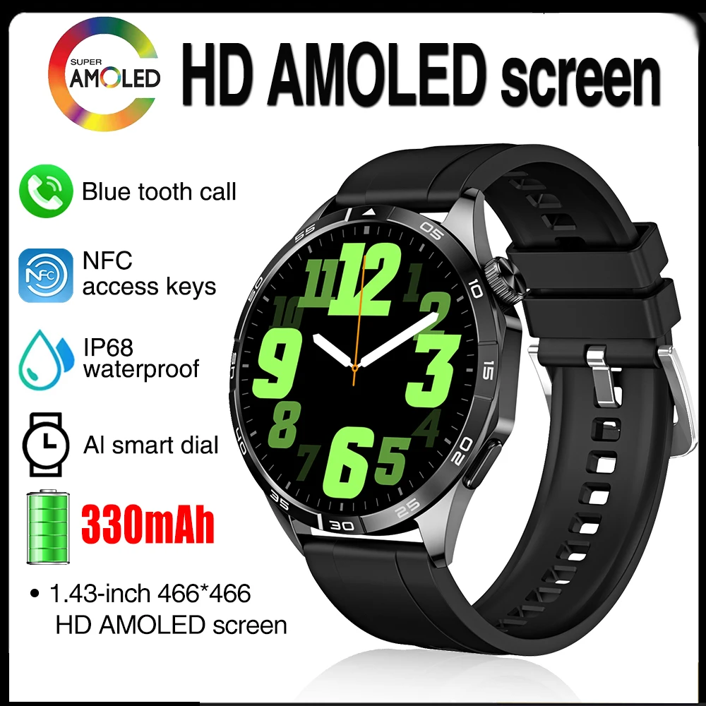 

2024 Smartwatch Men NFC 1.43" AMOLED 466*466 HD Screen Always Displays Blue Tooth Call Smartwatch Fitness Sports Waterproof