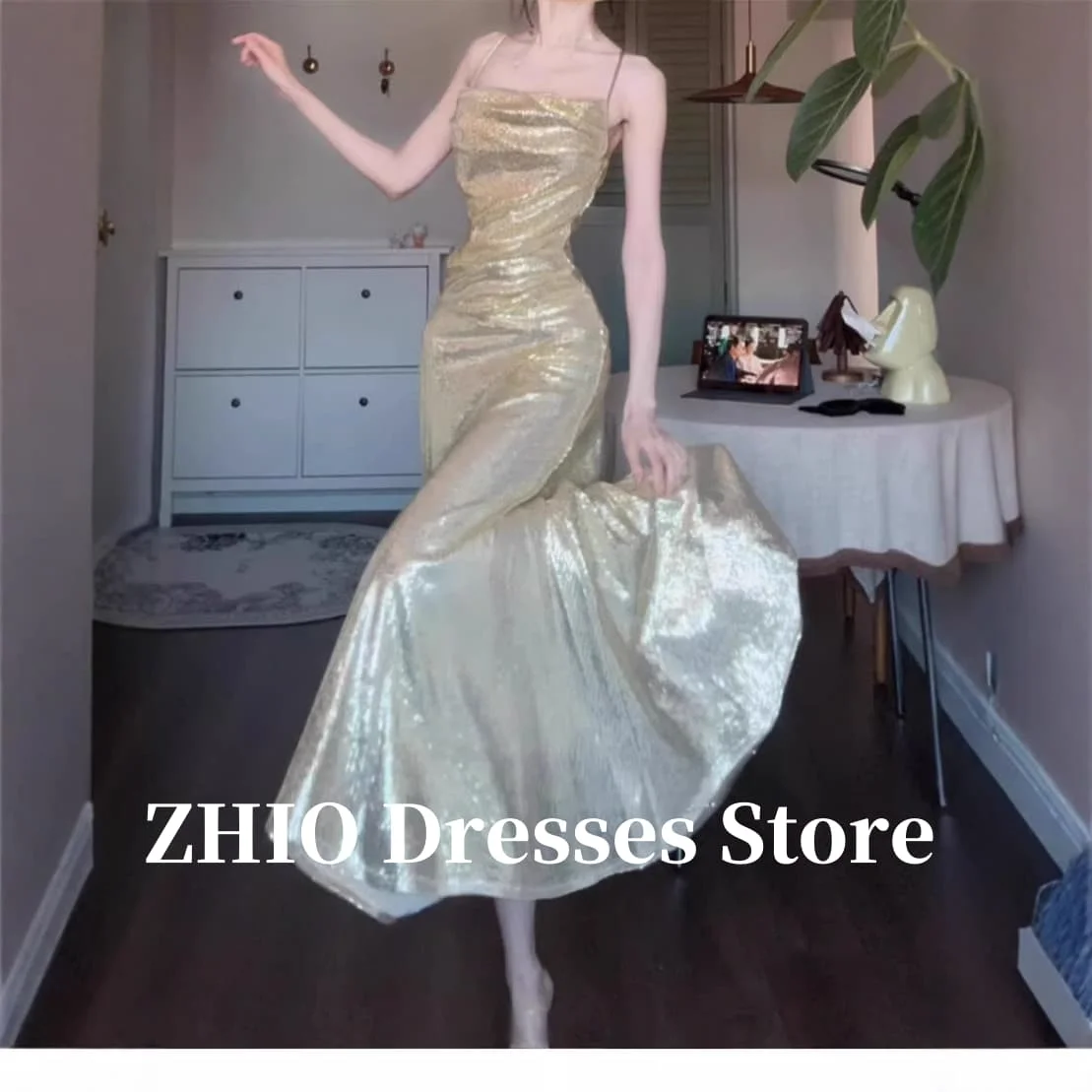ZHIO Sparkly Gold Mermaid Evening Party Dresses Champagne Glitter Ankle Length Slim Lady Formal Prom Gowns Customized Straps