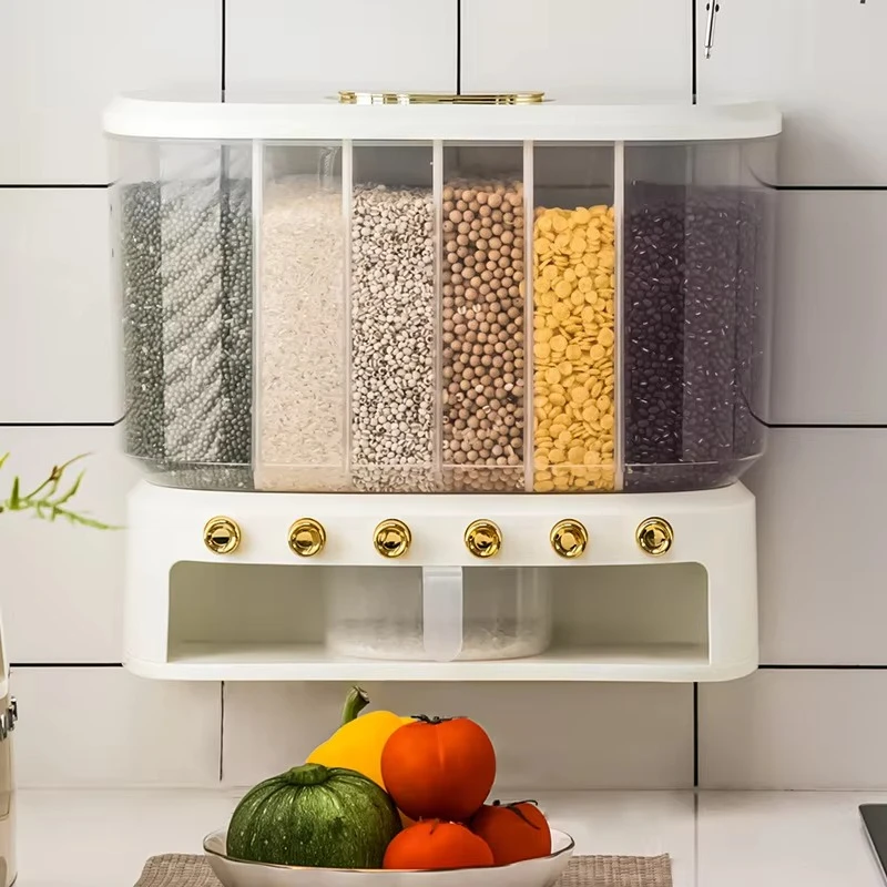 Wall-mounted 6-grid large grain dispenser with kitchen dry grain storage container measuring cup 22lb 10kg