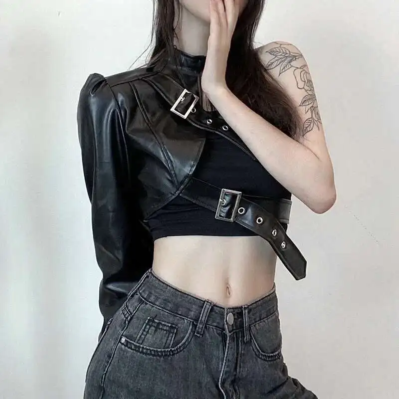 Handsome Irregular Metal Buckle Hanging Neck PU Leather Single-sided Sleeve Leather Jacket 2024 Spring And Autumn New Women's