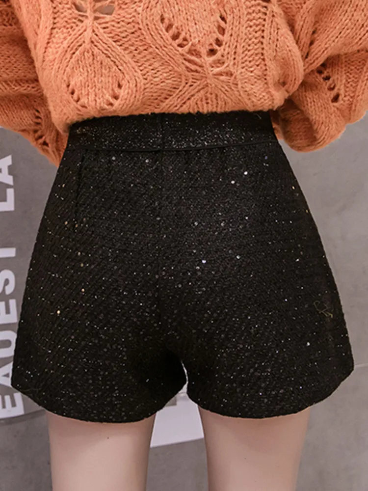 SMTHMA New Autumn Winter Versatile Elastic Waist Shiny Wide Leg Tweed Shorts Women's Small Fragrance Woolen Boots Pants