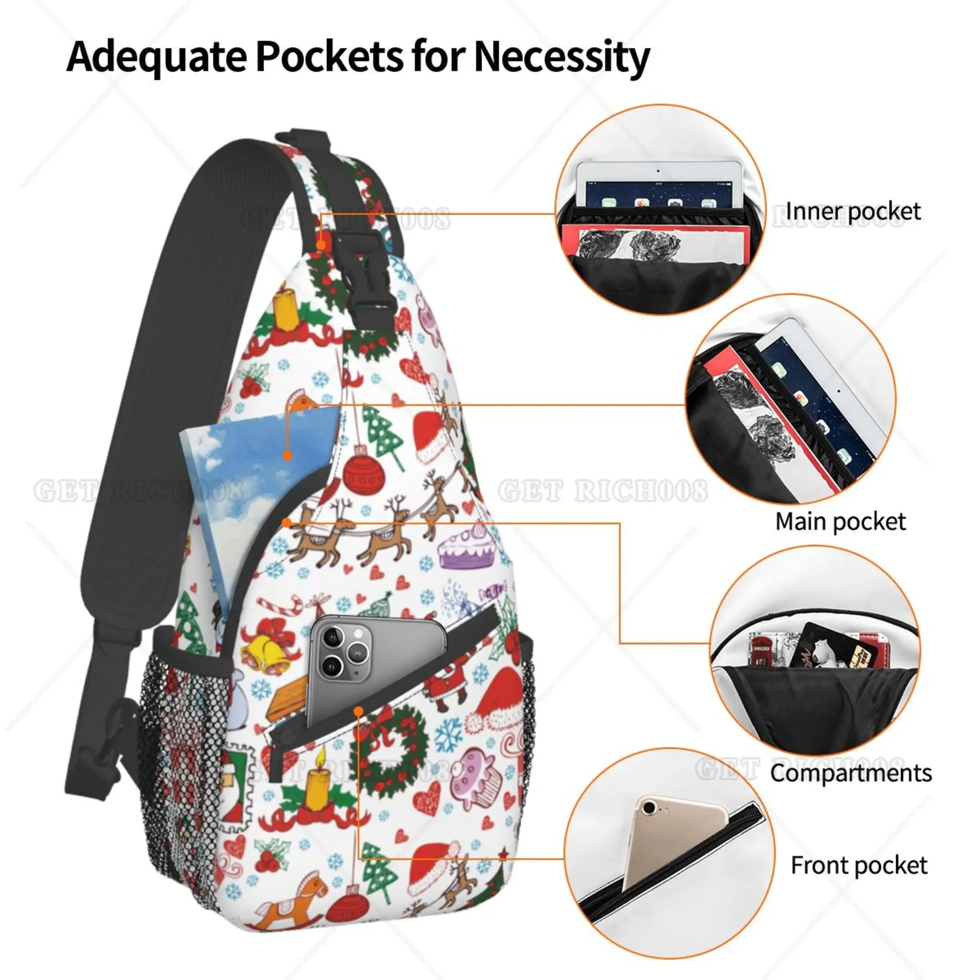 Mochila cruzada de dibujos animados de Navidad para hombres y mujeres, bolso de pecho para senderismo al aire libre, viaje