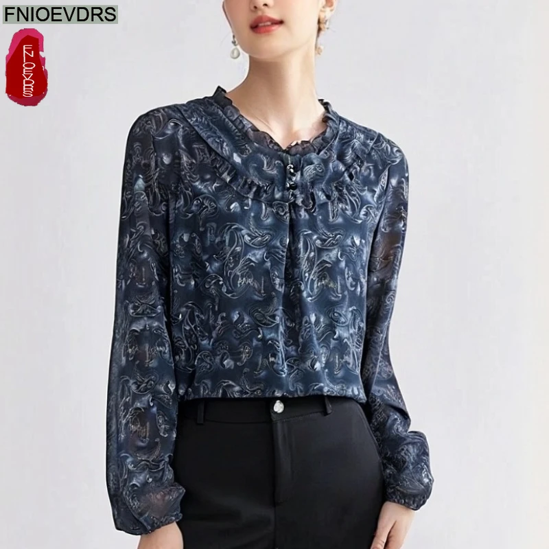 

Loose Clothes Casual Top Autumn New Fashion Elegant Woman Long Sleeve Ruffles Shirt Lady Retro Floral Print Chiffon Tops Blouses