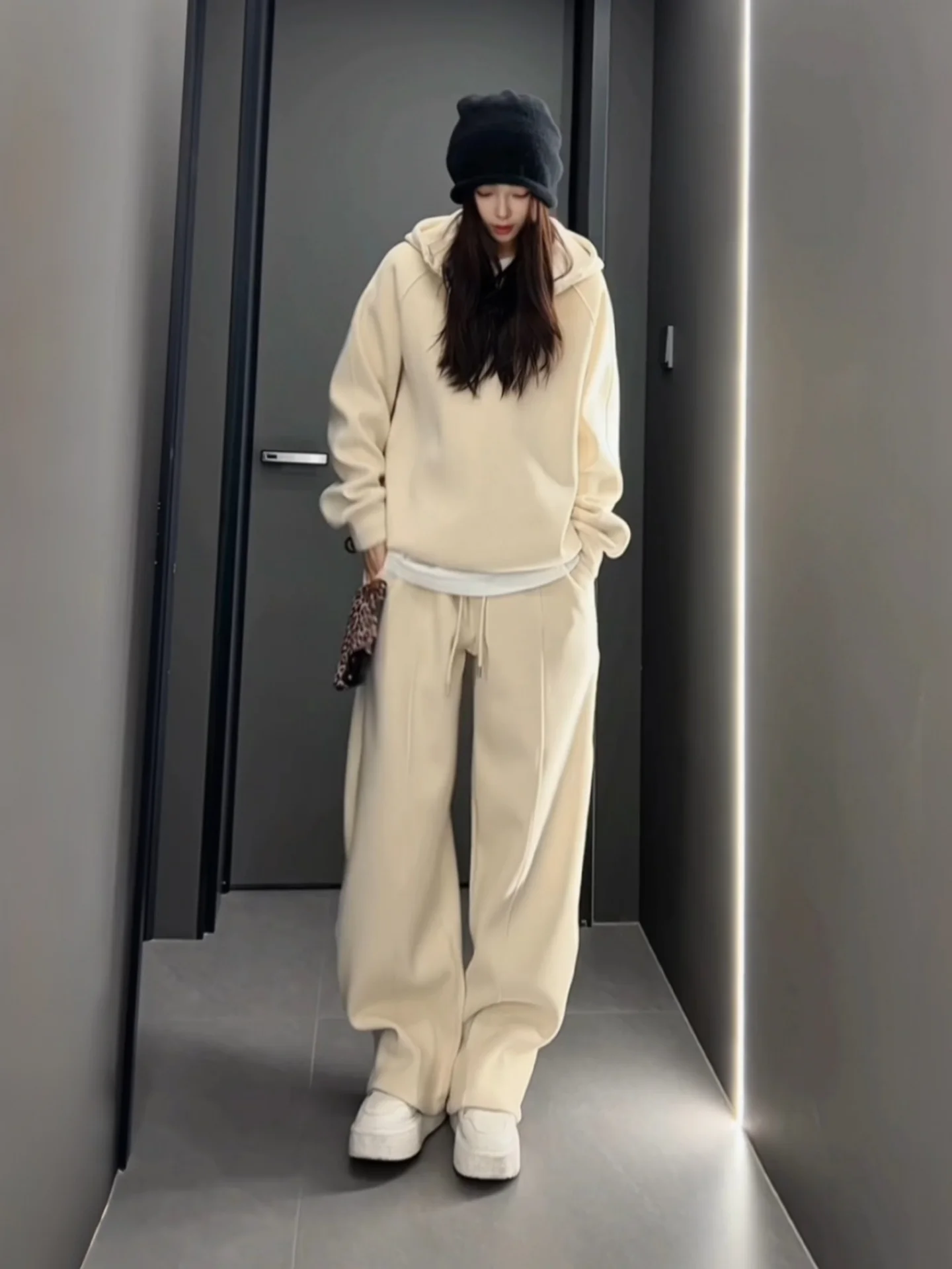 

Hooded Zipper Sweatirt Pants Two-Piece Set Winter New Simple Color Faion Casual ex Long Sve Youth Clothing