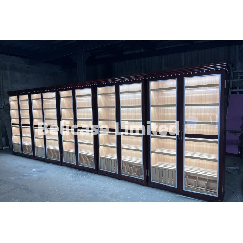 custom.Smoke Shop Display Showcase Spanish Ceder Wood Humidifier Cabinets Large Double Glass Door Led Cigar Humidor Cabinet