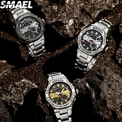 SMAEL  men's waterproof alarm clock multifunctional 8090 alloy steel strip dual display electronic watch