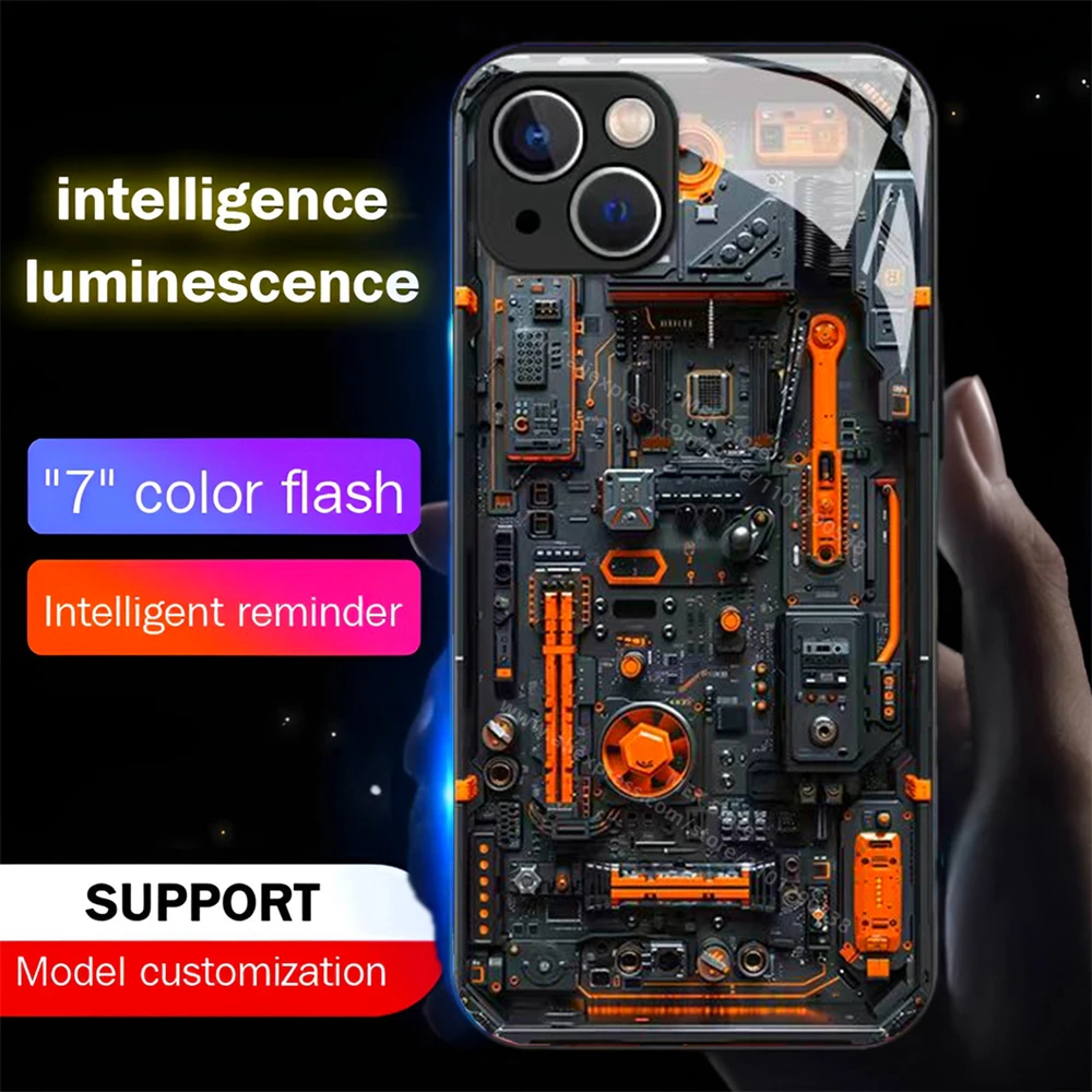 

Luxury Orange Chip Circuit LED Light Glow Luminous Tempered Glass Phone Case For Samsung S25 S24 S23 S22 S21 S20 FE Plus Ultra