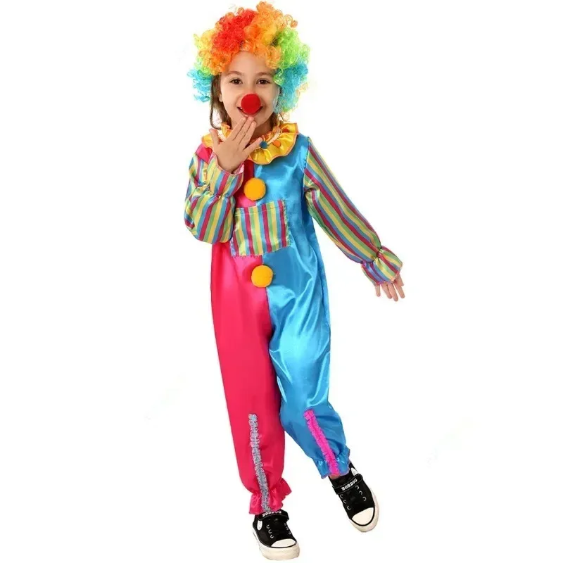 Tuta colorata di alta qualità Clown Cosplay Cos Suit 2024 Carnevale Nuovo costume da spettacolo teatrale per campus a contrasto per bambini