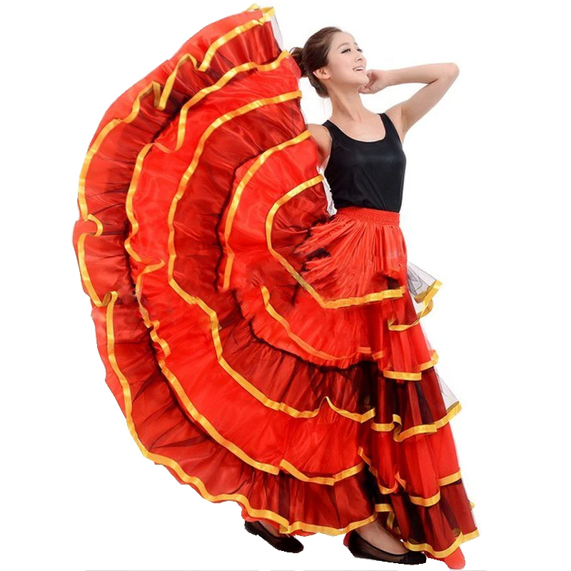 

Women Spanish Flamenco Ballroom Dance Skirt Red Dancer Fancy Dress Costume Belly Dancing Skirts 360/540/720 Degree