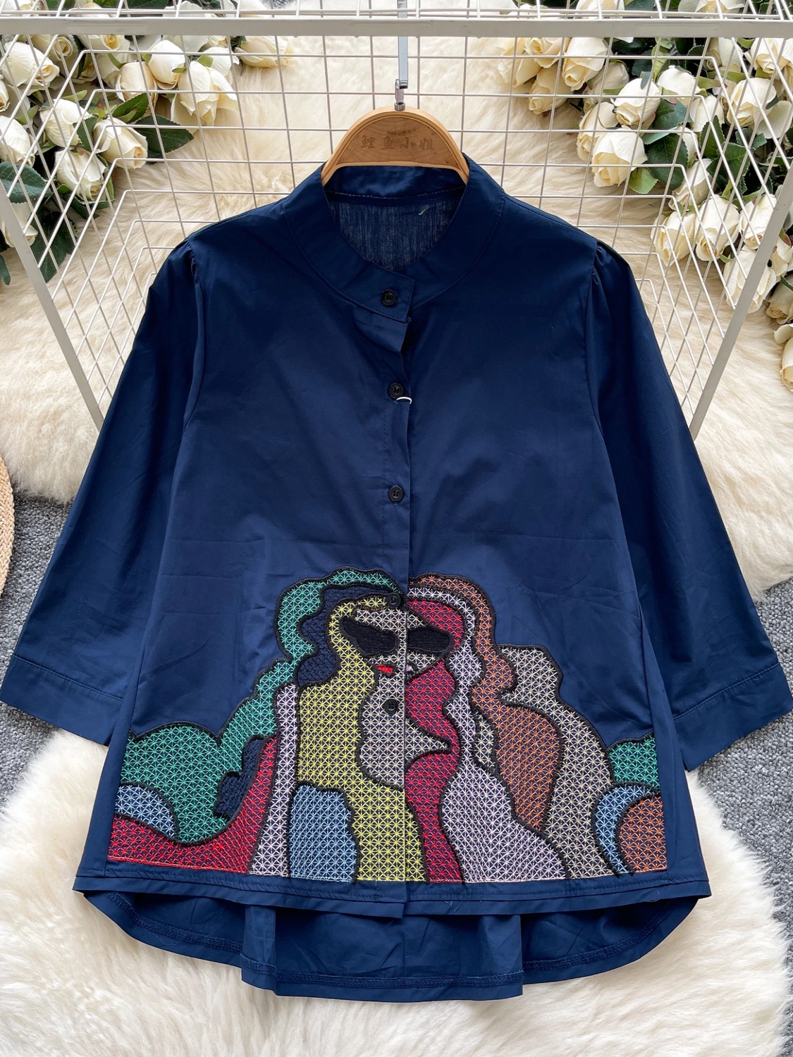 Csa Fena de Verão com Gola Alta e Bordado Pesado, Estilo Retrô Coreano, Manga Longa, Solta e Casual, Estilo Boneca, pa...