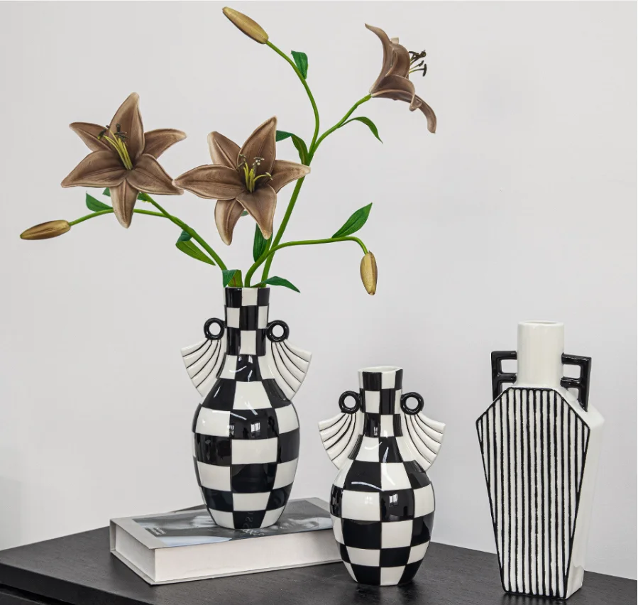 Nordic Style Art Vase Ornament Double Ear Striped Ceramic Vase Hydroponic Flower Cutting Bottle Home Decoration Flowerpot