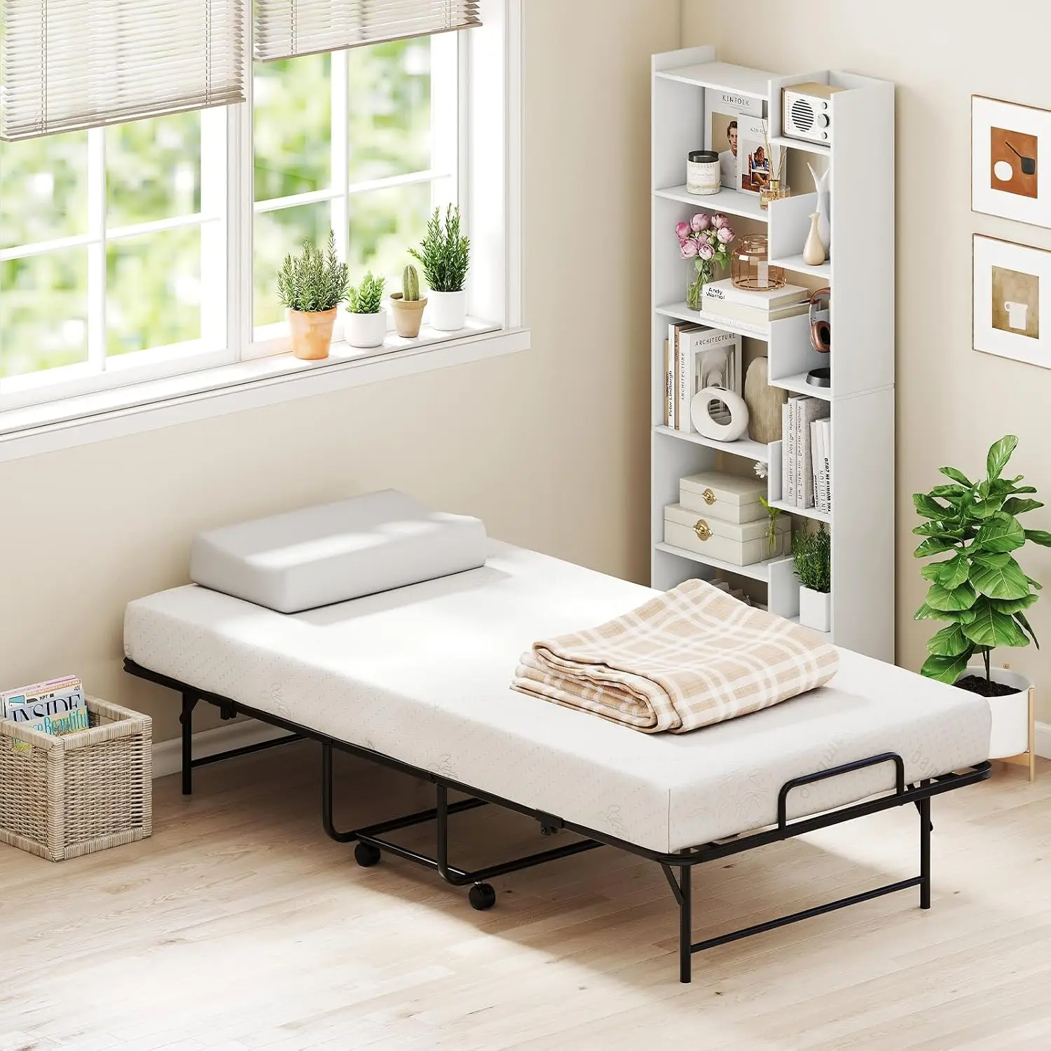 Twin Folding Bed Memory Foam Mattress Metal Frame Rollaway Guest Bed Lockable Wheels 75