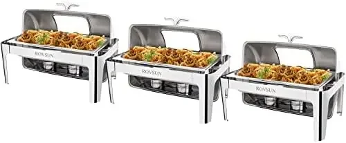 

ROVSUN 9Qt 3 Packs Roll Top Chafing Dish Buffet Set, Stainless Steel Chafers for Catering, Rectangular Buffet Servers Warmers