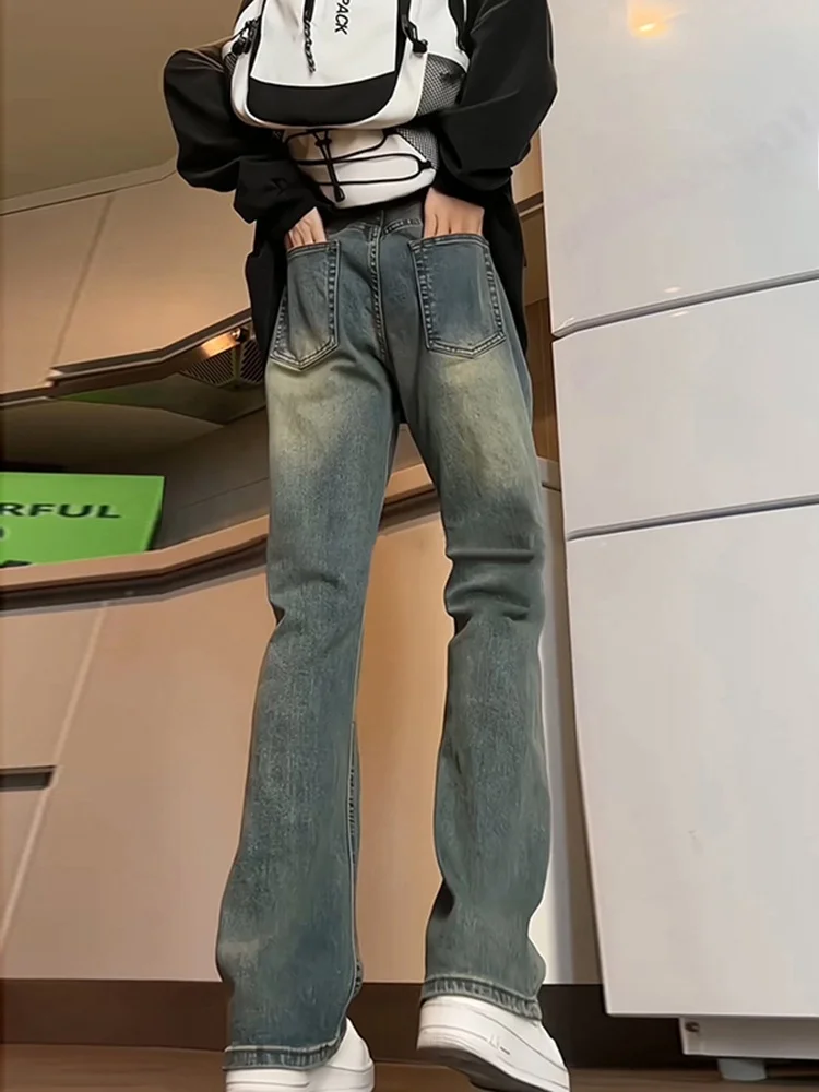 

Retro Blue Men's Flared Jeans High Waist Long Straight Narrow Version American Vintage Sle Cotton Polyester Blend Jeans