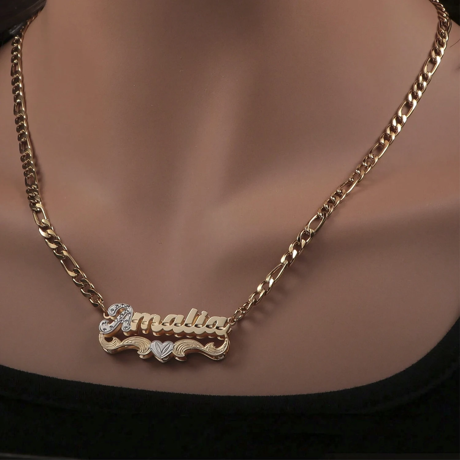 Custom Double Layered 3D Name Necklace with Heart 18K Gold Plated Stainless Steel Personalized Figaro Chain Choker for Women
