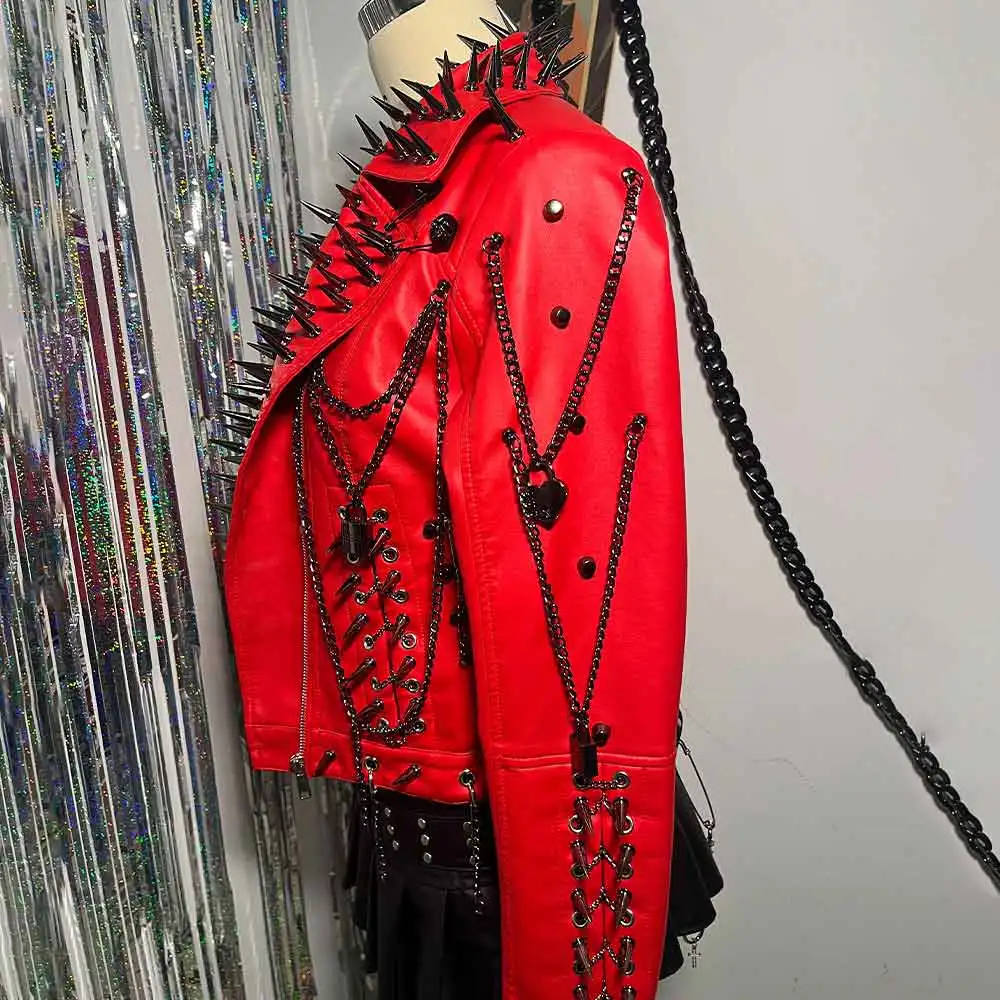 

Harajuku Emo Zipper Goth E-Girls Y2K Pu leather Jacket Spike Studded Rivet Gothic Chain DIY Punk Rock Club Wear Grunge Coat
