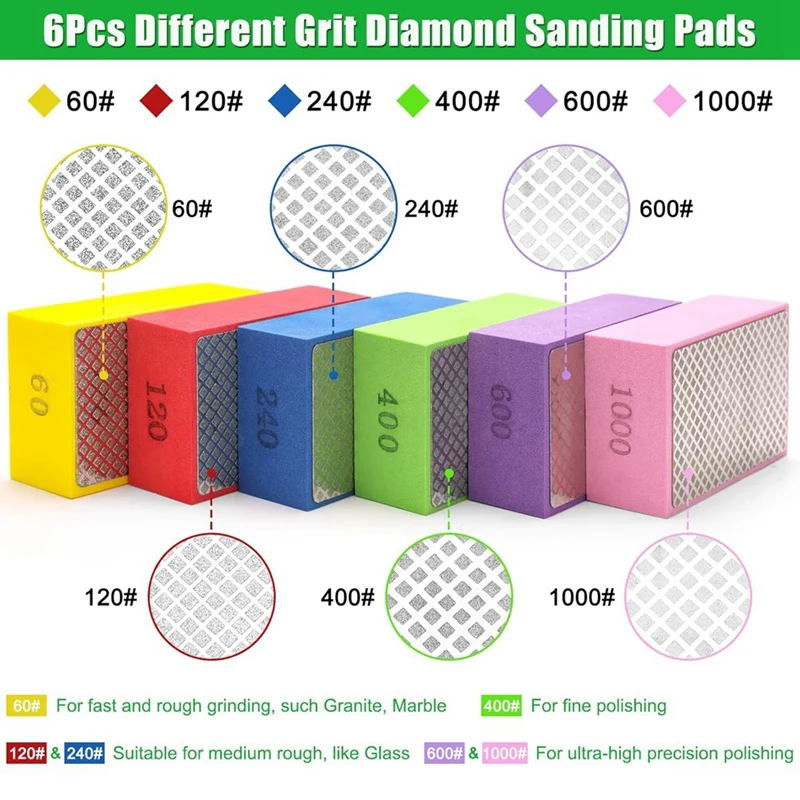 ABUL-6PCS وسادات تلميع يدوية ماسية، وسادات صنفرة ماسية رطبة وجافة 60، 120، 240، 400، 600، 1000 حبيبة